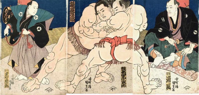 相撲絵（歌川国貞・1860年代）釼山谷右衛門と不知火諾右衛門の取組